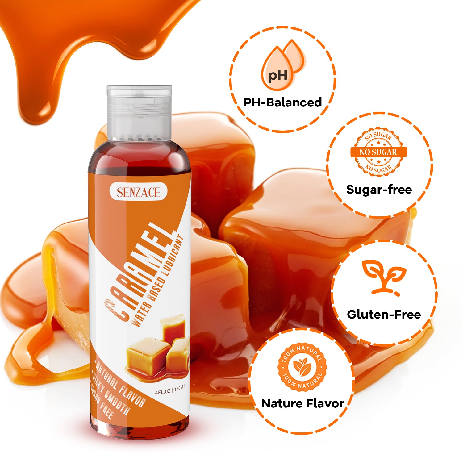 Senzace 4 fl.oz Natural Edible Personal Lube for Men Women Couples, Premium Water Based Lubricant for Women, Smooth and Slippery Long Lasting,Caramel Flavored Lubricant