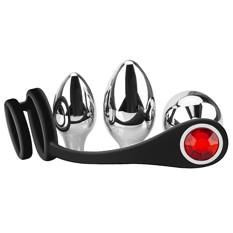 3Pcs Detachable Base Jewel Stainless Steel Anal Plug Kit with Cock Ring