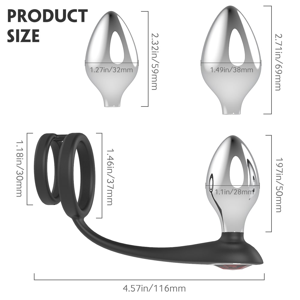 3Pcs Detachable Base Jewel Stainless Steel Anal Plug Kit with Cock Ring