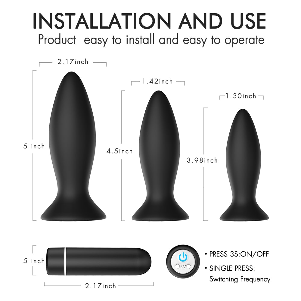 3Pcs Butt Plug Trainer Kit 9-Mode with Suction Cup & Detachable Bullet