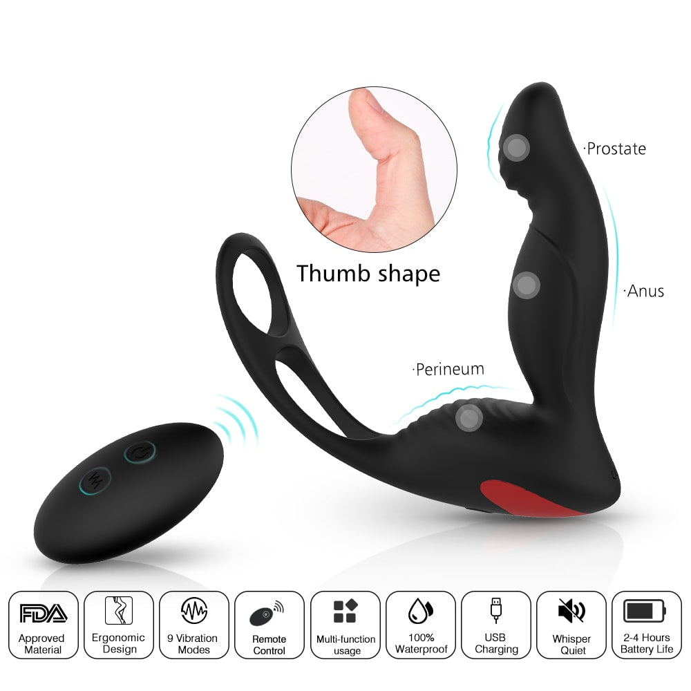 Prostate Massager Vibrator With Penis Ring and Ball Loop 9 Vibrations